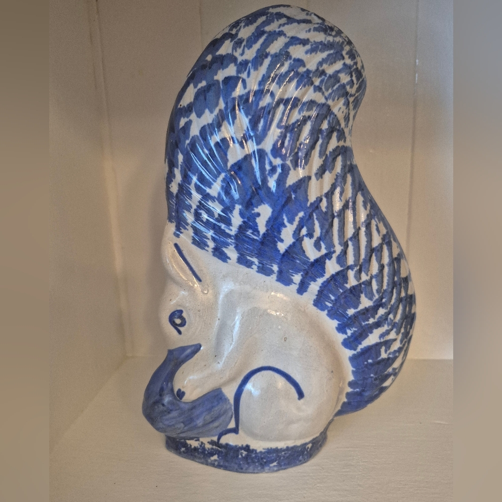 Large Delft Style Cobalt Blue Ceramic Squirrel Figurine